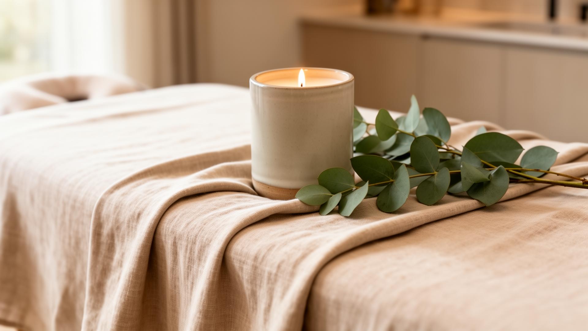 Bougie en céramique et eucalyptus sur une table de massage en lin beige
